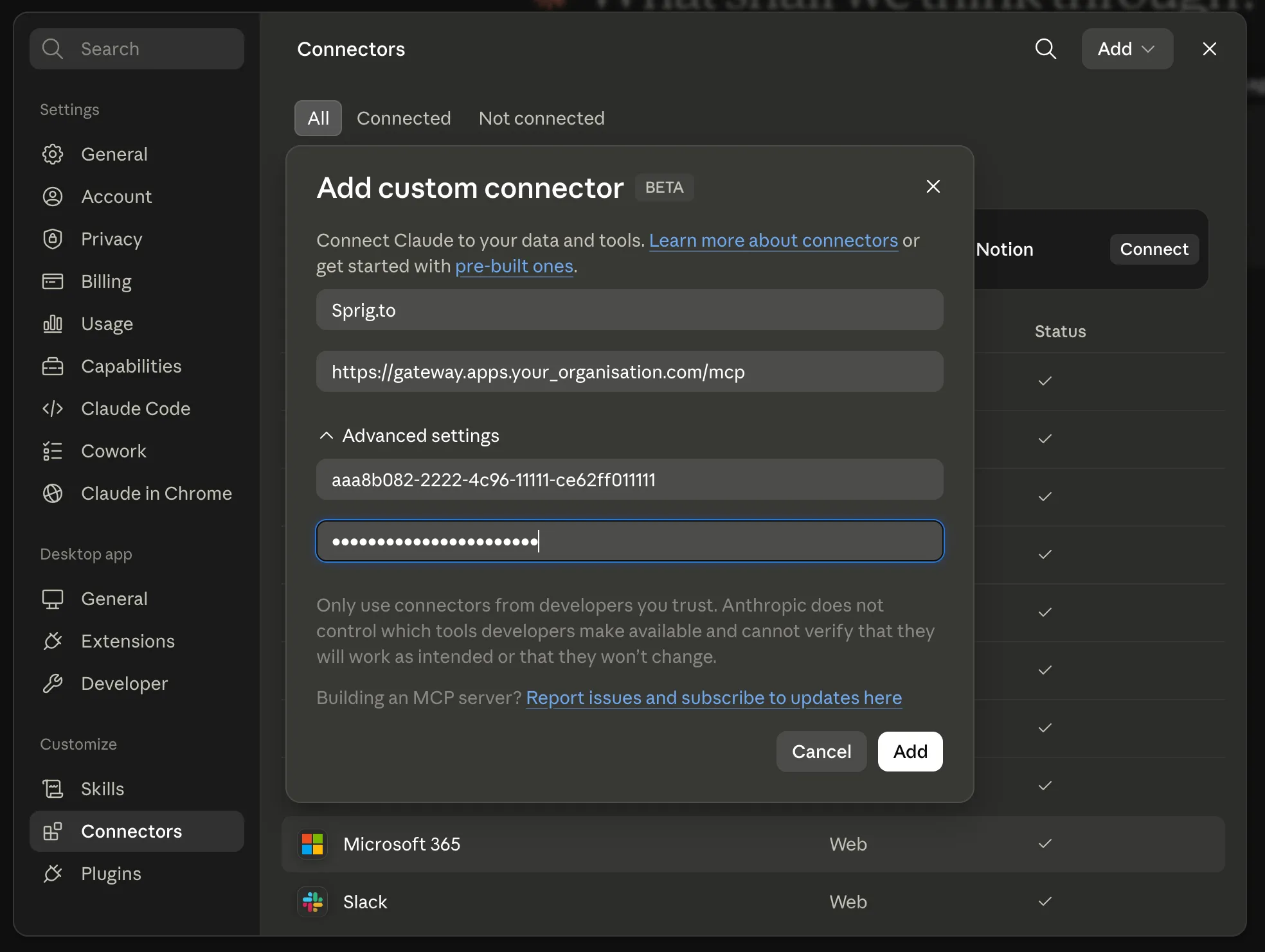 The “Add custom connector” dialog in Claude’s Connectors settings, filled in for Sprig: a name, the gateway’s https://gateway.<apps-domain>/mcp URL, and the OAuth client ID and secret entered under Advanced settings.