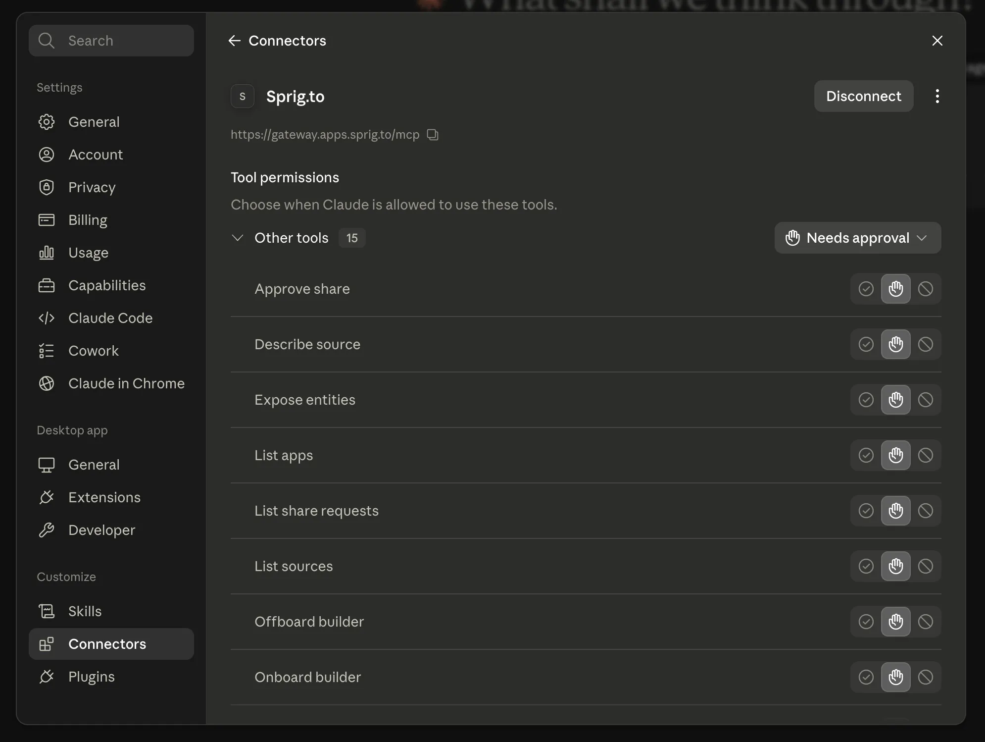 Claude’s Connectors settings for the Sprig connector, listing its tools: Approve share, Describe source, Expose entities, List apps, List share requests, List sources, Offboard builder, and Onboard builder, each with an allow, ask, or deny control.